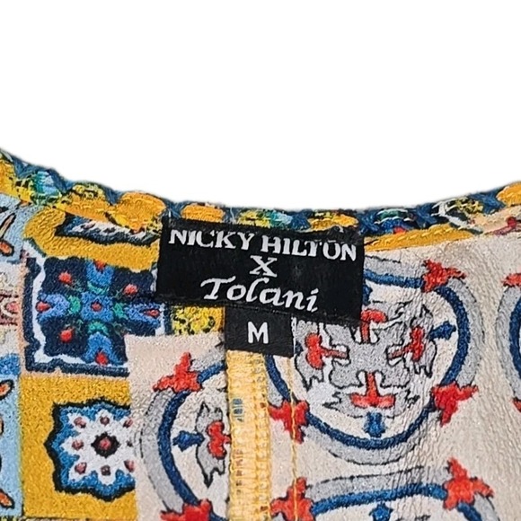Tolani x Nicky Hilton 100% Silk Salerno Tassel Boho Tunic Blouse Blue & Yellow M - Picture 2 of 8